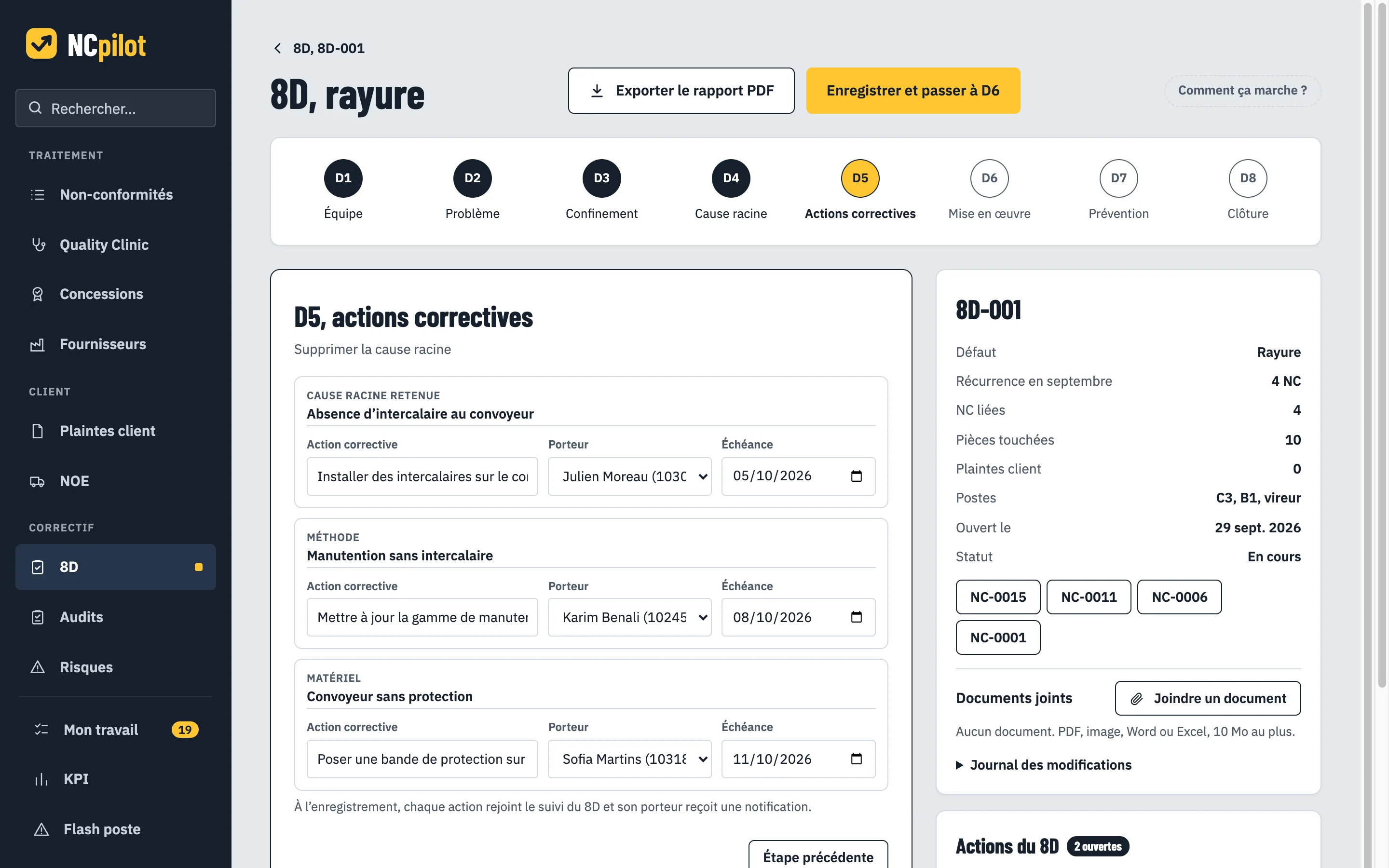 Fiche 8D-001 sur les rayures, étape D5 : trois causes avec leur action corrective, leur porteur et leur échéance, NC liées à droite