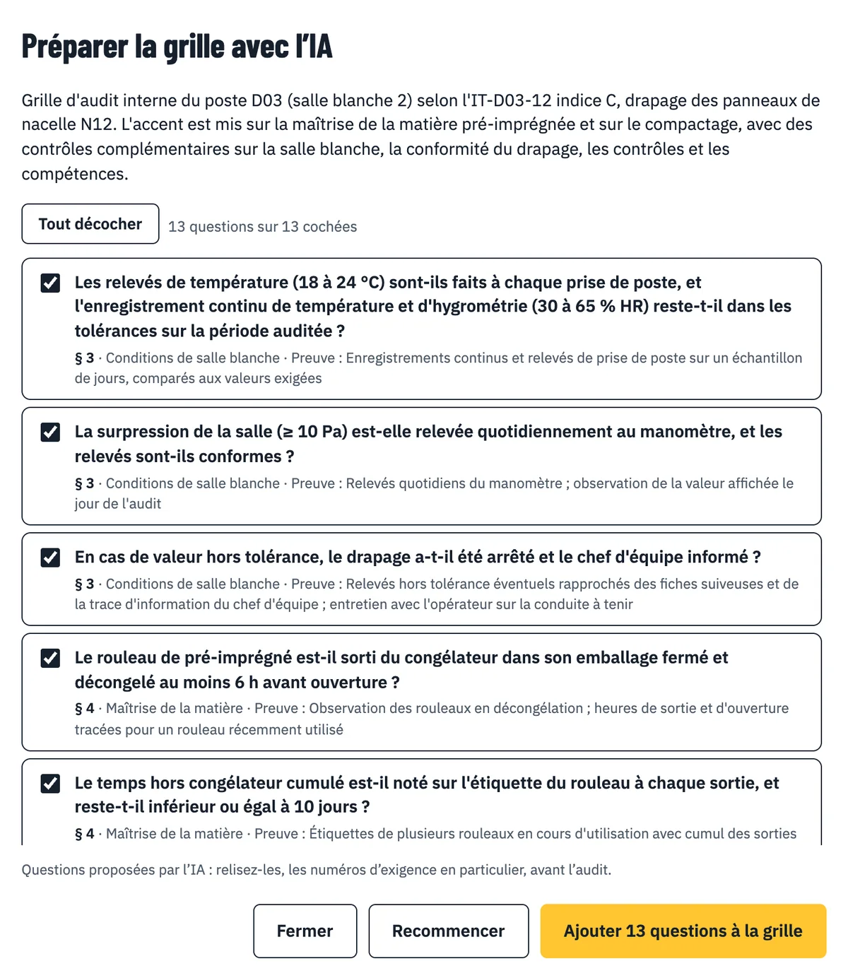 Grille d’audit préparée par l’IA : questions sur la maîtrise des matières en salle blanche, chacune avec son paragraphe EN 9100, son axe et la preuve à demander