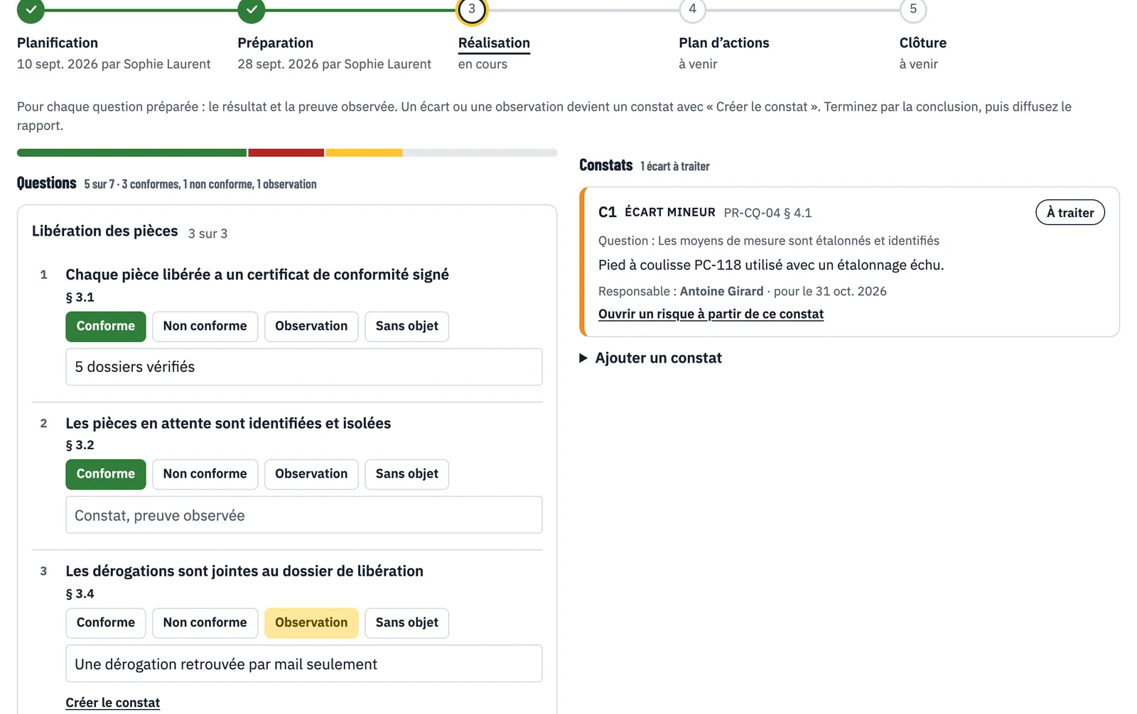 Réalisation d’un audit : questions par axe avec Conforme, Non conforme, Observation, et le constat C1 écart mineur créé à partir d’une question